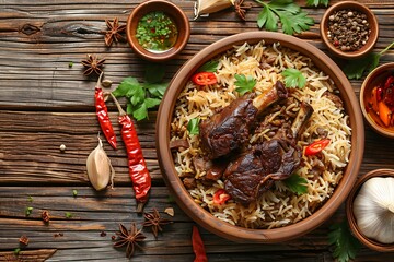 Delicious and spicy indian meat biryani in traditional pot, wood background.