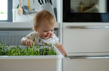 Baby and plastic container with micro-greenery sprouts on the background of a bright modern kitchen. Superfood for vegetarians. Growing microgreens at home. Banner for delivery, advertising.