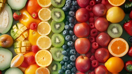 Panoramic food background with assortment of fresh organic fruits and vegetables in rainbow colors