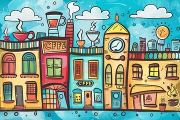 Obraz premium Cartoon cute doodles of a sleepy town waking up to the inviting aroma of freshly brewed coffee wafting from the local coffee shop, Generative AI