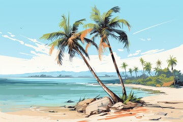 The image shows a beautiful beach with white sand and palm trees, with the ocean in the background.
