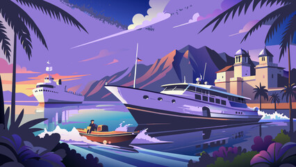 old movie poster, sea motor boat and yacht - obrazy, fototapety, plakaty