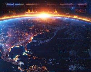 The image shows a futuristic view of the Earth from space