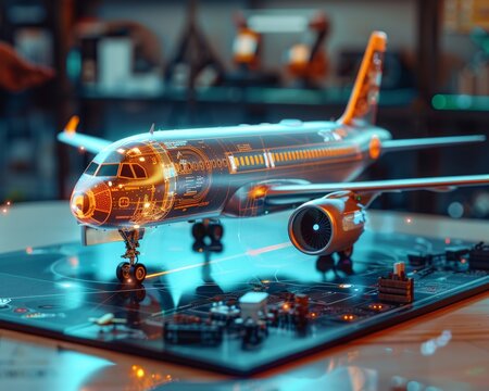 The image shows a model airplane made of metal displayed on a reflective surface with a blurred background.