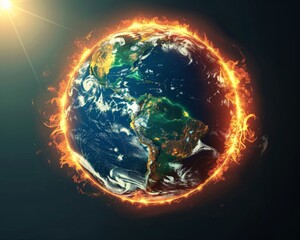 Fototapeta premium The image shows Earth on fire. The fire is all around the planet. The image is very hot.