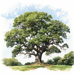 Fototapeta premium The photo shows a big tree with green leaves and a large thick trunk. The sky is blue and there are some clouds in the background. The tree is in a field of green grass.