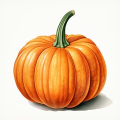This is a watercolor painting of a pumpkin. The pumpkin is orange and has a green stem. It is sitting on a white background.