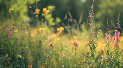 A vibrant field filled with a variety of wildflowers, showcasing a diverse array of colors and shapes. Bees and butterflies flit from flower to flower, pollinating and collecting nectar.