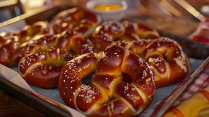 A tray of soft pretzels served with cheese dipping sauce