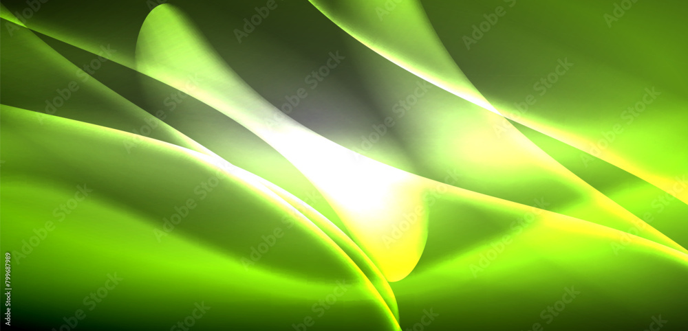 Poster vibrant green and yellow waves illuminated on a dark canvas, resembling the intricate patterns of wa