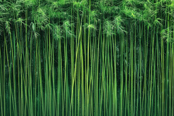 Fototapeta premium An artistic portrayal of a dense bamboo forest, with the slender stalks forming vertical lines that converge towards the top of the frame.