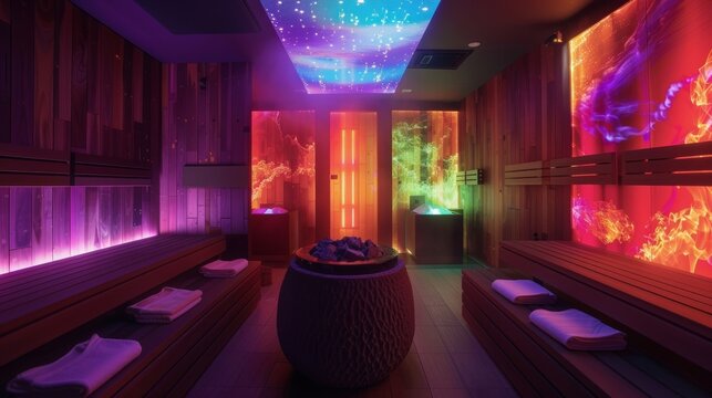 An immersive sauna experience with color therapy and sound healing stimulating the senses and promoting overall mindbody wellness..