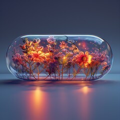 Ordinary plant submerged in a piece of very thick frosted glass in the shape of a pill filled with liquid