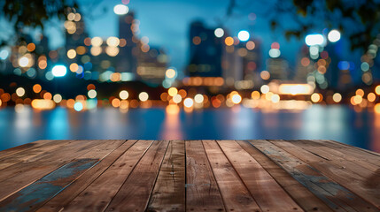 Wooden board with a city in the background, created with Generative Ai technology	