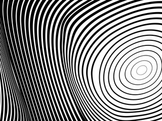 Abstract hypnotic wave pattern with black-and-white striped lines. Psychedelic background. Op art, optical illusion. Modern design, graphic texture.