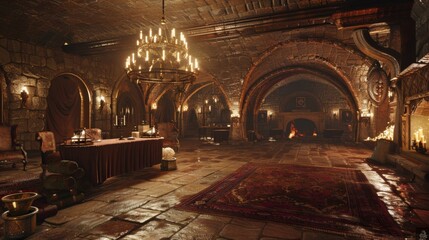 Obraz premium A lavish underground chamber where a wealthy nobleman hosts a gathering of guests to witness the demonstration of a fabled elixir . .