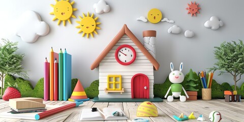 
3d cute children's school, white color background, natural features, cheerful color classification, intricate details