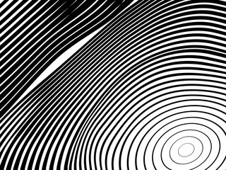 Abstract hypnotic wave pattern with black-and-white striped lines. Psychedelic background. Op art, optical illusion. Modern design, graphic texture.