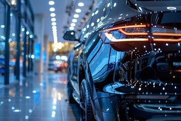 Closeup new black car parked in luxury showroom. Car dealership office. New car parked in modern showroom. Car for sale and rent business. Automobile leasing and insurance background. Generative AI