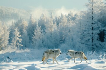 Naklejka premium Two wolves engage on a snowy terrain with a frost-laden forest backdrop and misty atmosphere.