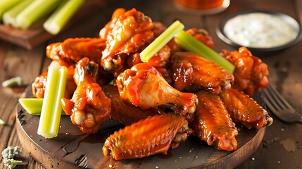 A platter of buffalo wings served with celery sticks and blue cheese dressing