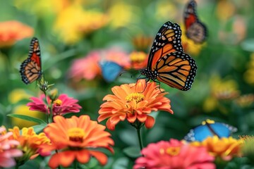 Monarch butterflies fluttering around and resting on vivid orange flowers, with a soft focus on a blooming garden background.