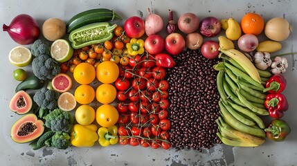 Selection of fresh raw vegetables, fruits and beans on light gray background, Organic food concept,...