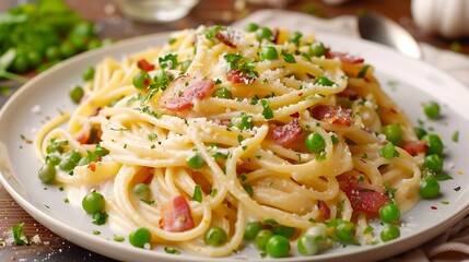 A plate of spaghetti carbonara with creamy sauce, bacon, and peas
