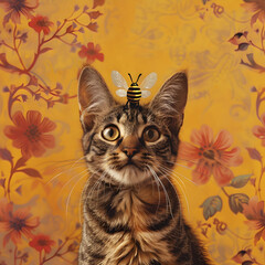 A cat with a bee on its head is staring at the camera. The image has a playful and whimsical mood, as the cat is wearing a bee costume. The yellow background adds a pop of color