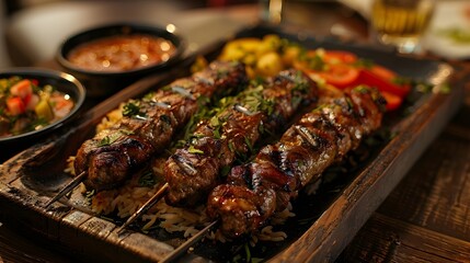 Grilled Delight: Close-Up of Delicious Kebabs on Skewers at a Restaurant