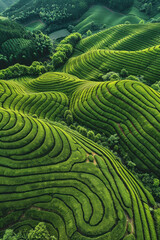 Fototapeta premium An aerial view of the lush green tea fields with intricate patterns and textures created by rows upon rows of tea plants. 