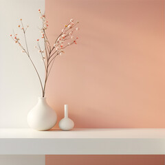 A white vase with flowers sits on a shelf next to a white wall. The vase is filled with pink flowers, and the wall is painted in a light pink color. Concept of warmth and tranquility