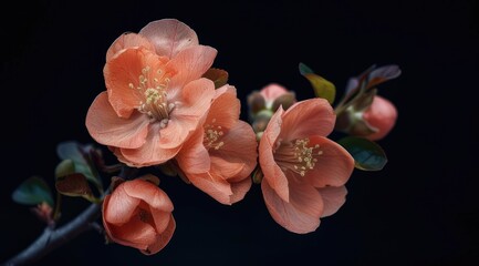 Peach Colored flowering quince, Isolated against a deep black background. Chaenomelis superba