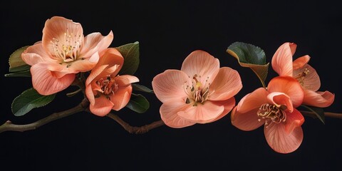 Peach Colored flowering quince, Isolated against a deep black background. Chaenomelis superba