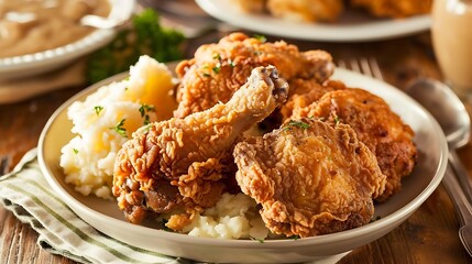 A plate of crispy fried chicken served with mashed potatoes and gravy