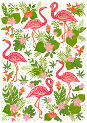 Pink flamingos, tropical flowers and leaves. Rectangular composition for Rectangular composition art projects...