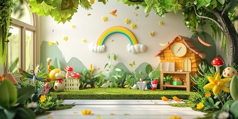 
3d cute children's school, white color background, natural features, cheerful color classification, intricate details