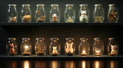 A series of cute glass piggy banks on a shelf, each with a different amount of gold coins, showcasing a concept of financial progression , technology,finance,fusion