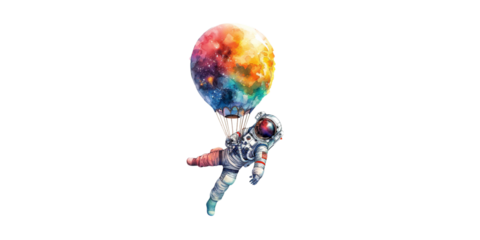 Watercolor astronaut flying in a hot air balloon made of a colorful nebula, in the style of clipart, isolated on a white background