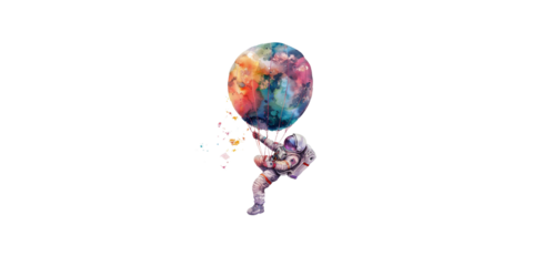 Watercolor astronaut flying in a hot air balloon made of a colorful nebula, in the style of clipart, isolated on a white background
