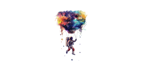 Watercolor astronaut flying in a hot air balloon made of a colorful nebula, in the style of clipart, isolated on a white background