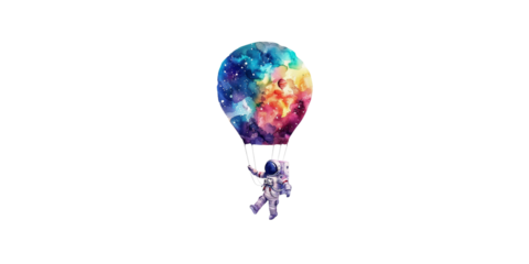 Watercolor astronaut flying in a hot air balloon made of a colorful nebula, in the style of clipart, isolated on a white background