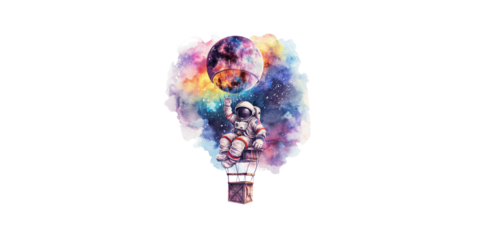 Watercolor astronaut flying in a hot air balloon made of a colorful nebula, in the style of clipart, isolated on a white background