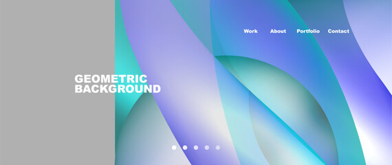 The geometric background features azure, aqua, and violet lines in electric blue and magenta hues. Symmetrical rectangles create a modern display device feel on a white canvas