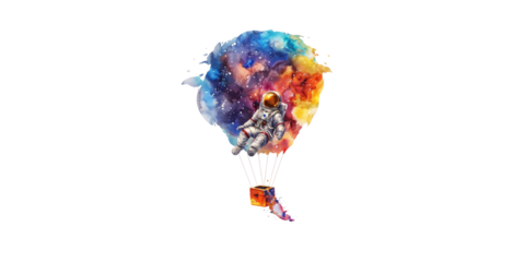 Watercolor astronaut flying in a hot air balloon made of a colorful nebula, in the style of clipart, isolated on a white background