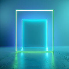A blue and green neon lighted square with a white background. The neon lights create a futuristic and modern atmosphere, making the space feel dynamic and energetic