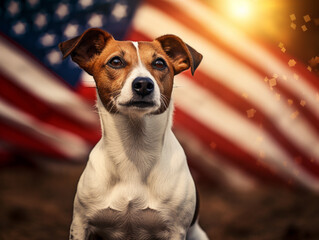 Cute Jack Russell dog with an American flag draped over its back, sitting on grass, waiting for Fourth of July fireworks