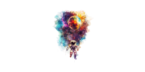 Watercolor astronaut flying in a hot air balloon made of a colorful nebula, in the style of clipart, isolated on a white background