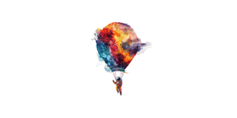 Watercolor astronaut flying in a hot air balloon made of a colorful nebula, in the style of clipart, isolated on a white background