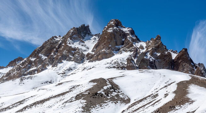 Towering mountains in the Indian Himalayas near Fotula Pass in the Ladakh region near Leh